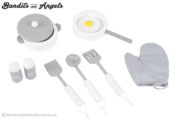 10 delige houten kookset wit - grijs.